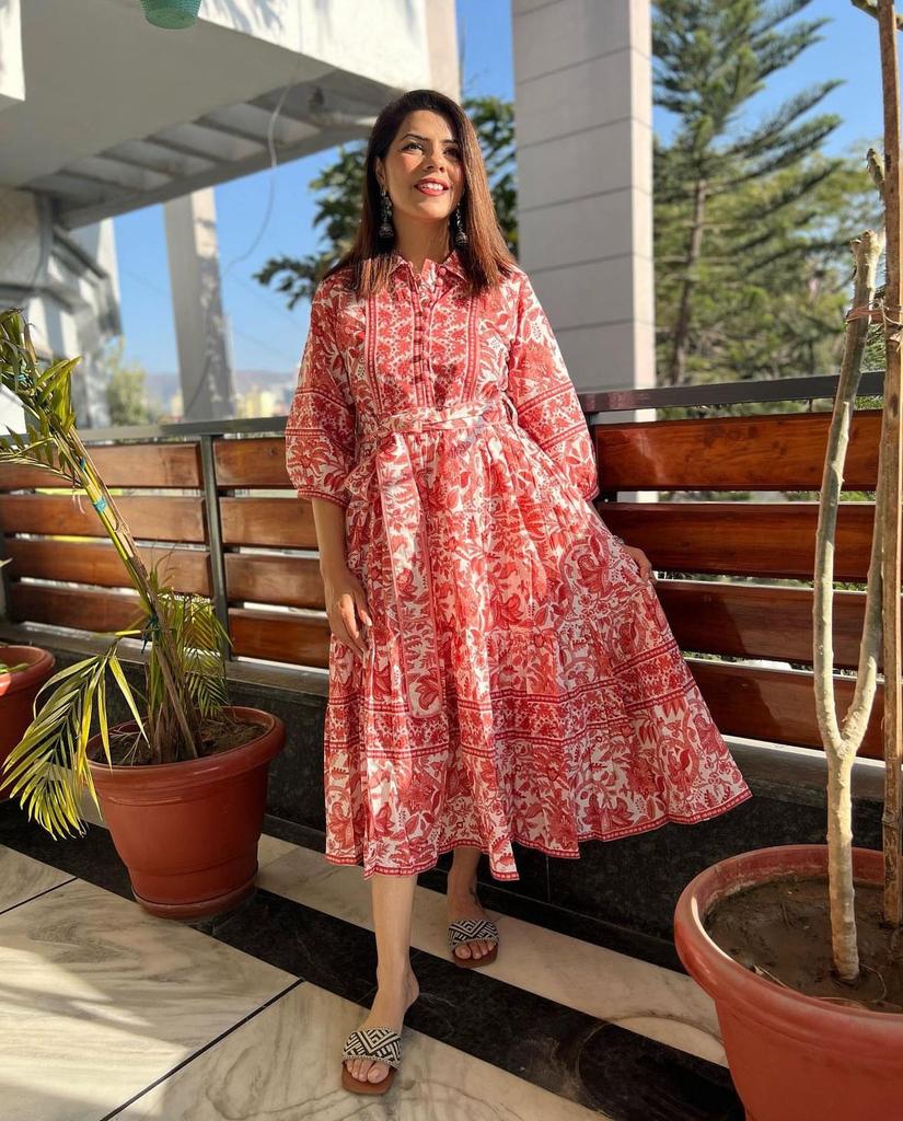HandBlock Print Dress Jaipur Morni Cotton Summer Midi Dress White Coral Cotton Shirt Dress with Belt,pockets