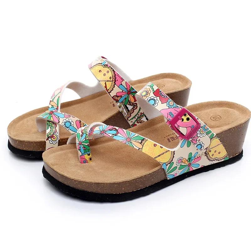 Fashion Hot Sell Women Sandals Flats Cork Slippers Casual Shoes Print Mixed Colors Slides Beach Cork Flip Flop Plus Size 35-42