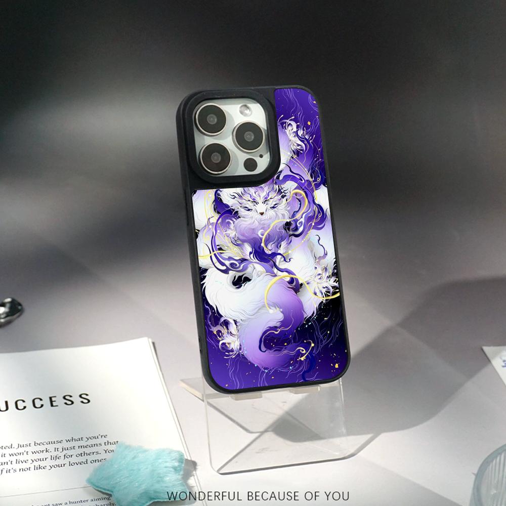 Nine-tailed fox art fashion design Phone Case for iPhone 17 16 e 15 14 13 12 Pro Max Sheepskin Silver-edged protective case