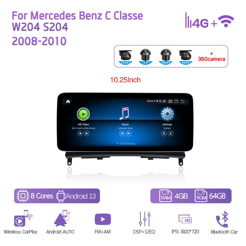 10.25/12.3" Android13 Для Mercedes Benz C Classe W204 S204 2008-2010 Автомобильный мультимедийный плеер GPS-навигация CarPlay 4G 360Camera