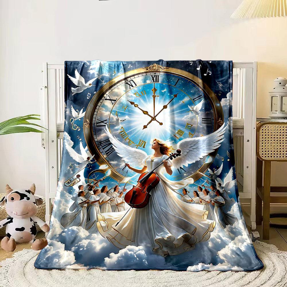 Angel Choir Clock Print Blanket Printed Blanket for Living Room Bed Couch lunch break Soft Cozy Blanket for Friend's festival Gift