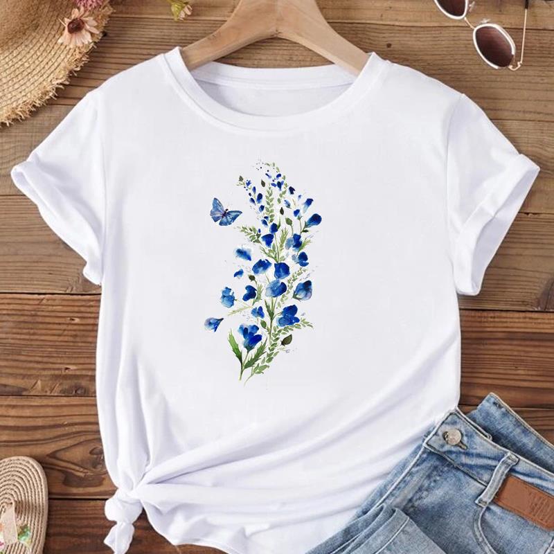 (Asian Size) Women Print Tee Top Fashion T Shirt Woman Female T Flower Watercolor Trend 90s Clothing Short Sleeve Graphic T-shirts