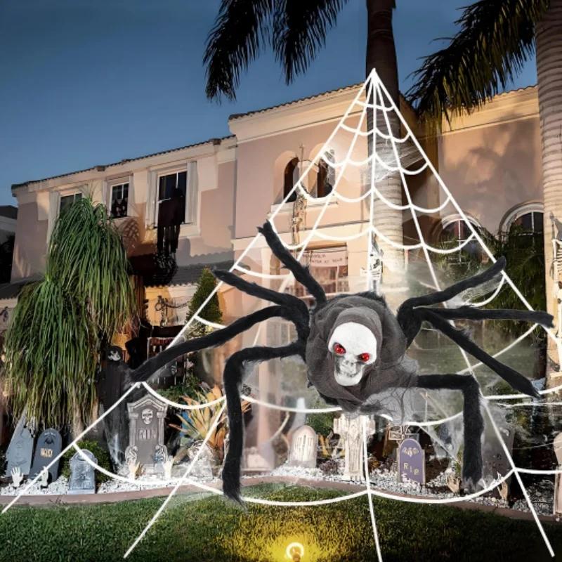 Theme Fluffy Spider Skull Veil Realistic Fake Spiders Halloween Decor Scary Haunted House Prop Cobweb Creepy Party Decoration