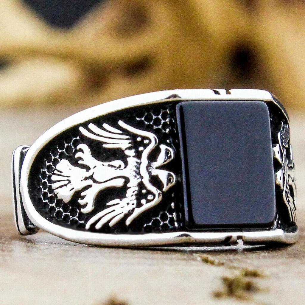 Wei Ya Men's Retro Black Square Agate Pattern Ring - Trendy and Unique Design