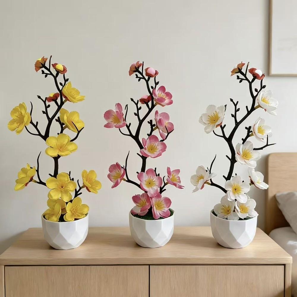 Red Fake Wintersweet Flower Bonsai with White Pot Artificial Faux Plants Living Room Ornaments
