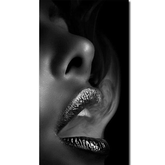 Современное искусство Интерьерная живопись Женщина Сексуальные красные губы Коса Красный дым Холст Картина Плакат и принт для декора стен гостиной Без рамки