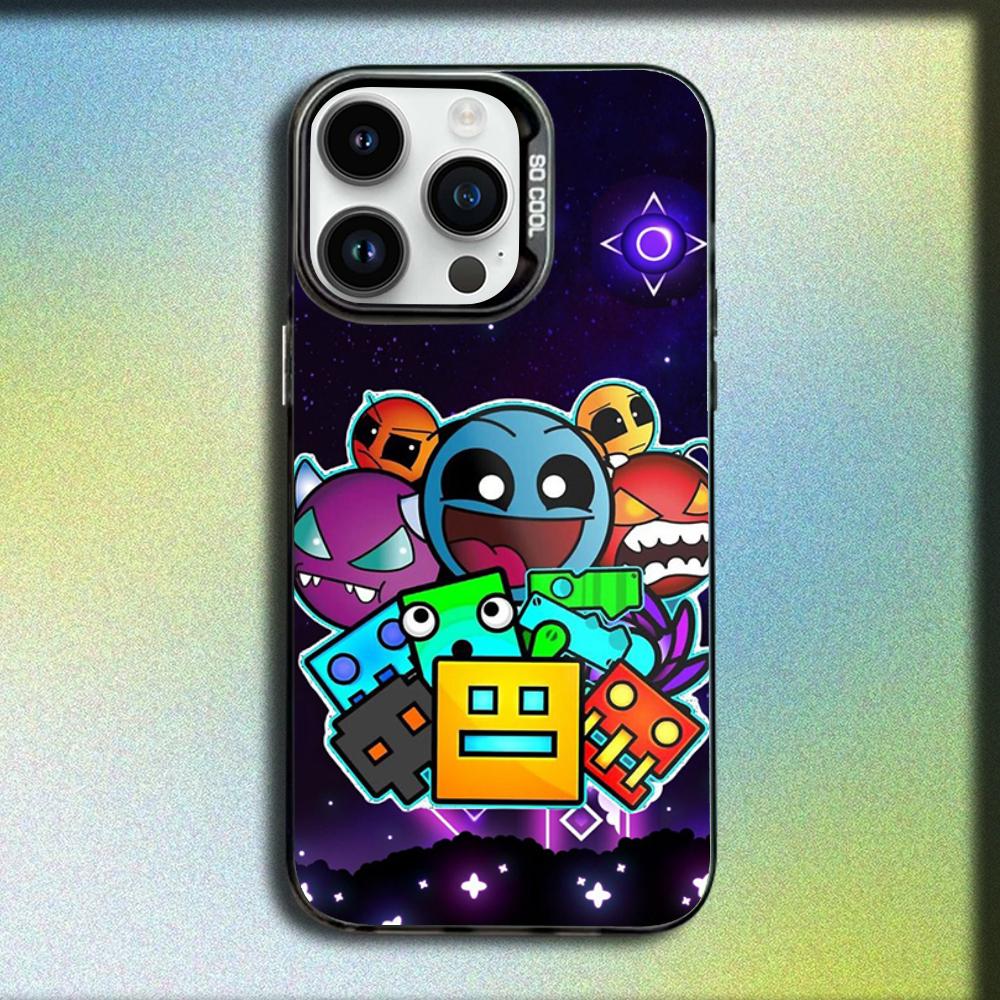 Игровой чехол для телефона Geometry Dash Для iPhone 16,15,14,13,12,11,Mini,Pro,E,MAX Серый Матовый Силиконовый Черный Чехол