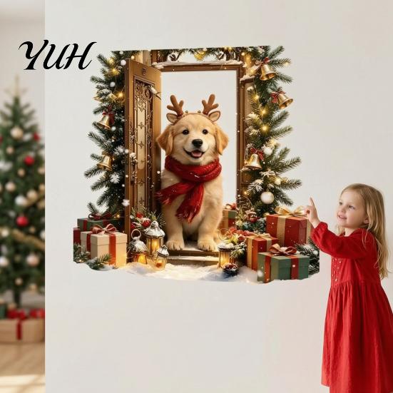 Peel Stick Christmas Decorations 2Pcs 3D Illusion Dog Wall Sticker, Removable Self?Adhesive Decals for Home Decor Decal, Holiday Puppy Mural Living