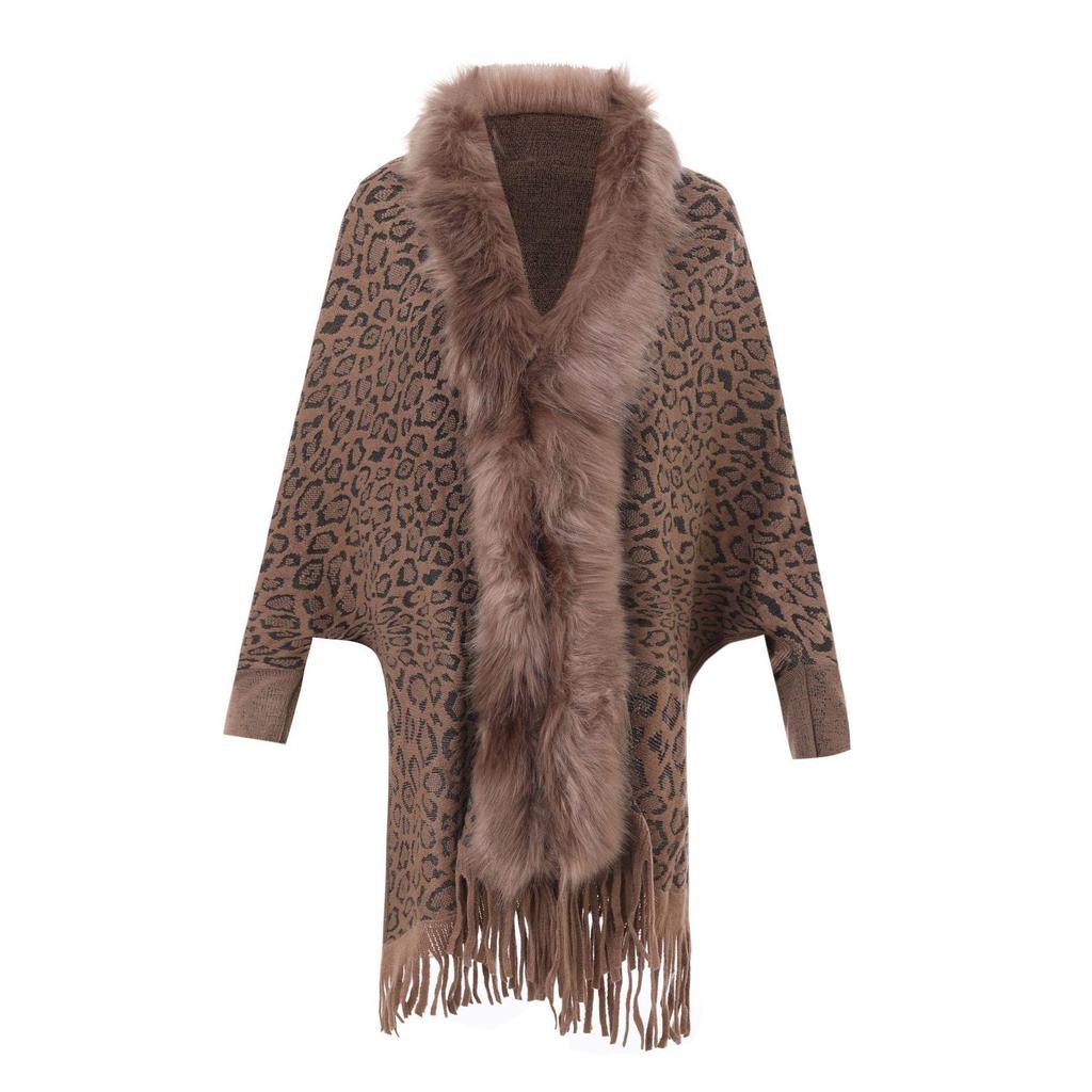 Шерстяное трикотажное пальто-шаль с леопардовым меховым воротником для женщин