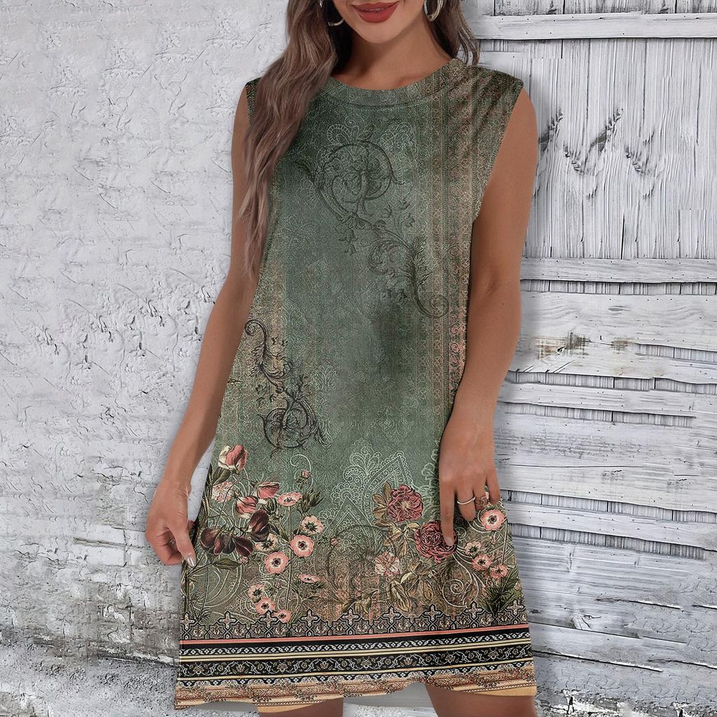 Женское повседневное и модное платье средней длины с круглым вырезом и без рукавов с принтом