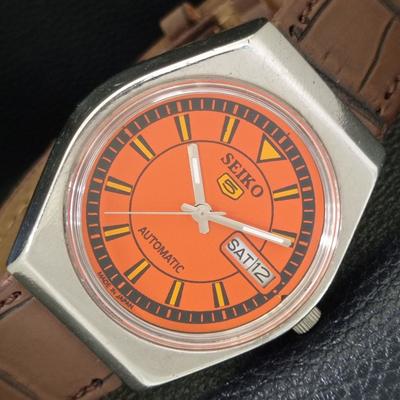 ЯПОНИЯ 6309A ВИНТАЖНЫЕ МУЖСКИЕ АВТОМАТИЧЕСКИЕ ЧАСЫ SEIKO 5 С ЦИФЕРБЛАТОМ ОРАНЖЕВОГО ЦВЕТА a702736-1
