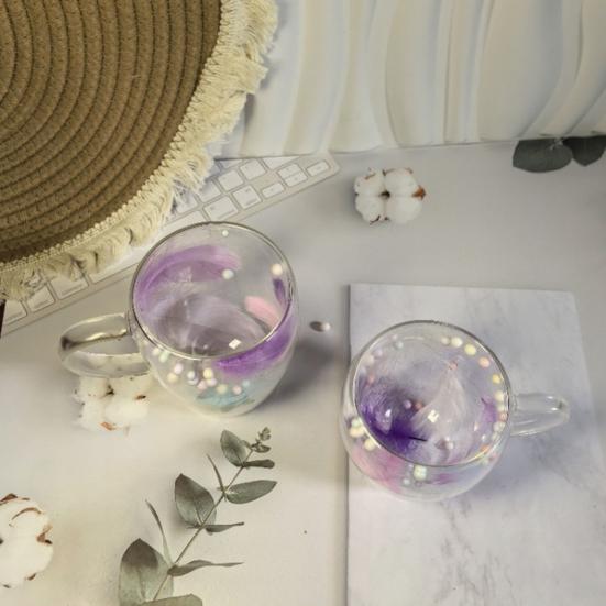 Двойная стеклянная кофейная кружка 250/350 мл с рисунком в виде перьев, с ручкой, с изоляцией, устойчивой к ожогам, с удобным захватом и контролем температуры