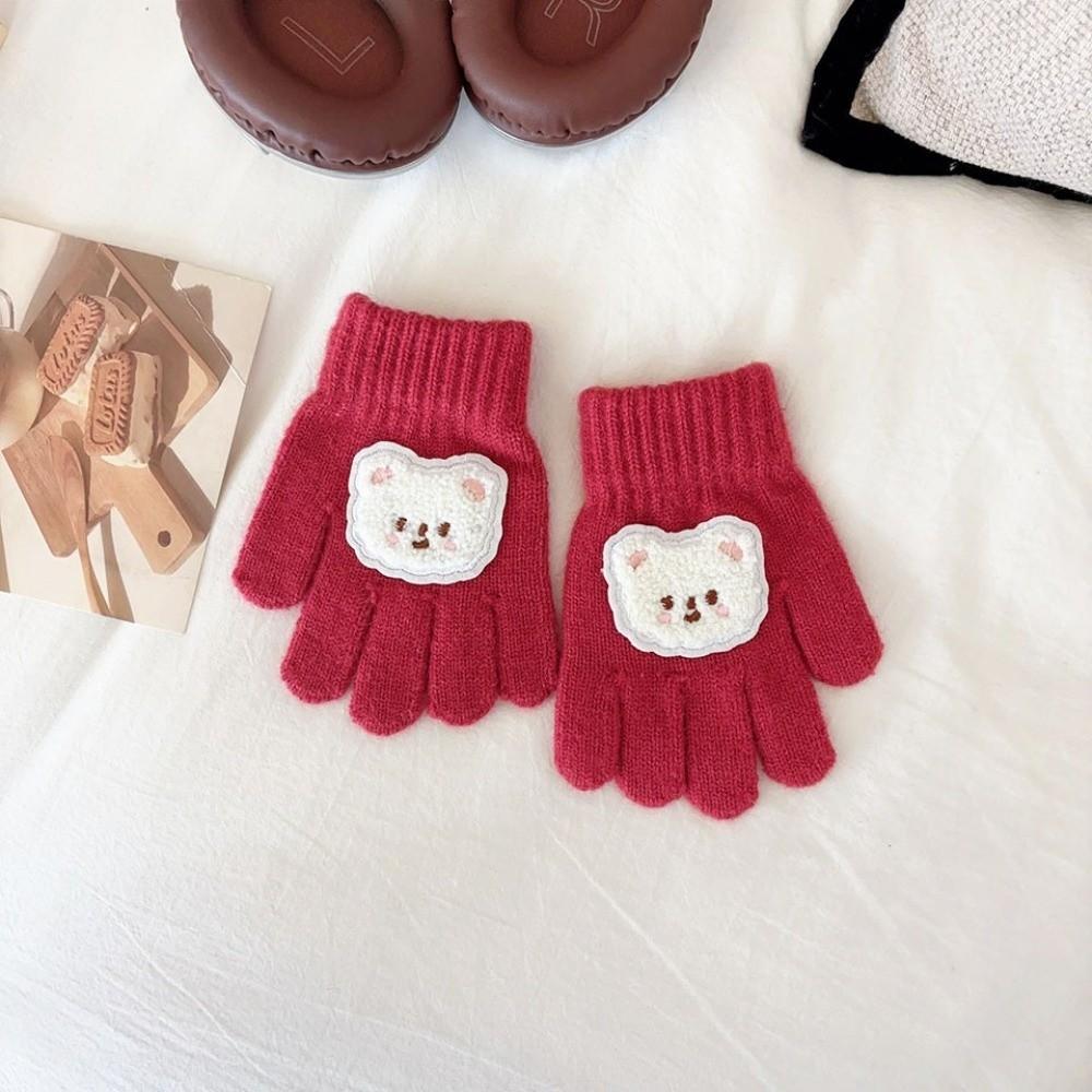 Solid Color Kids Winter Gloves Knitted Material Cartoon Bear Gloves Cozy Warm Gloves For Girls