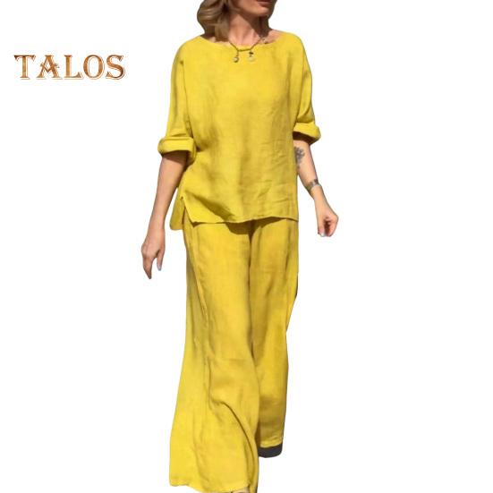 2Pcs/Set Women Casual Outfit O-neck Long Sleeve Tops Elastic Waist Wide Leg Long Pants Set Solid Color Loungewear