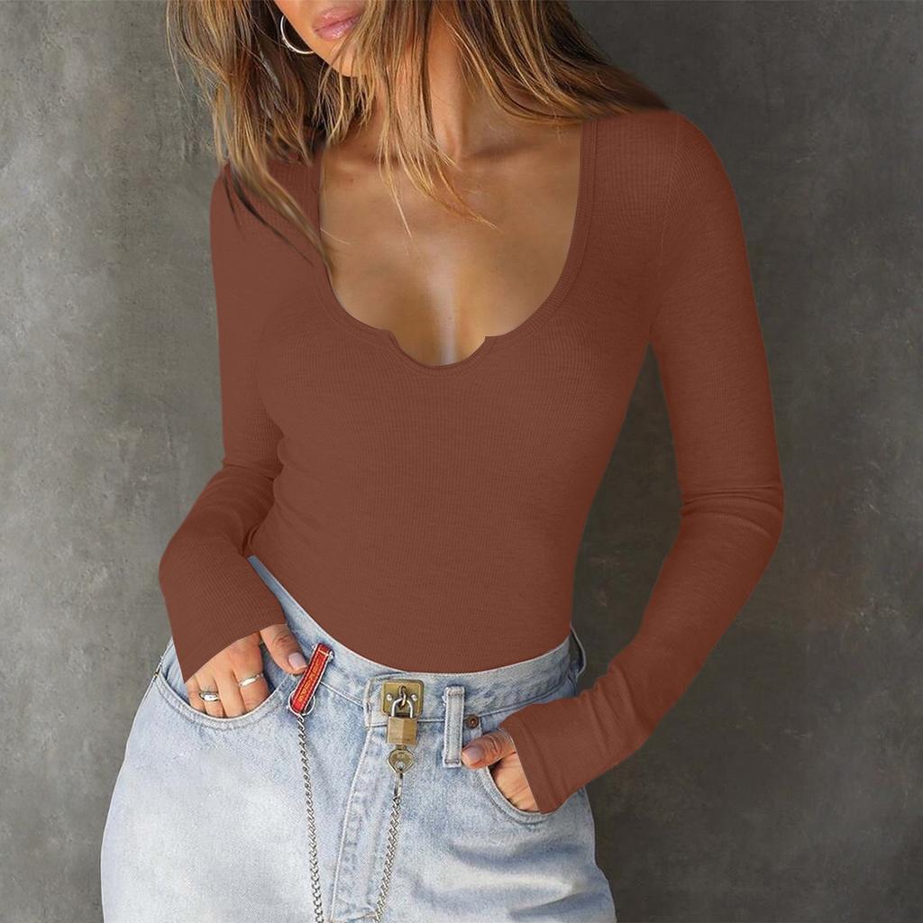 Женский повседневный модный топ с V-образным вырезом, приталенного силуэта, однотонный, с длинным рукавом