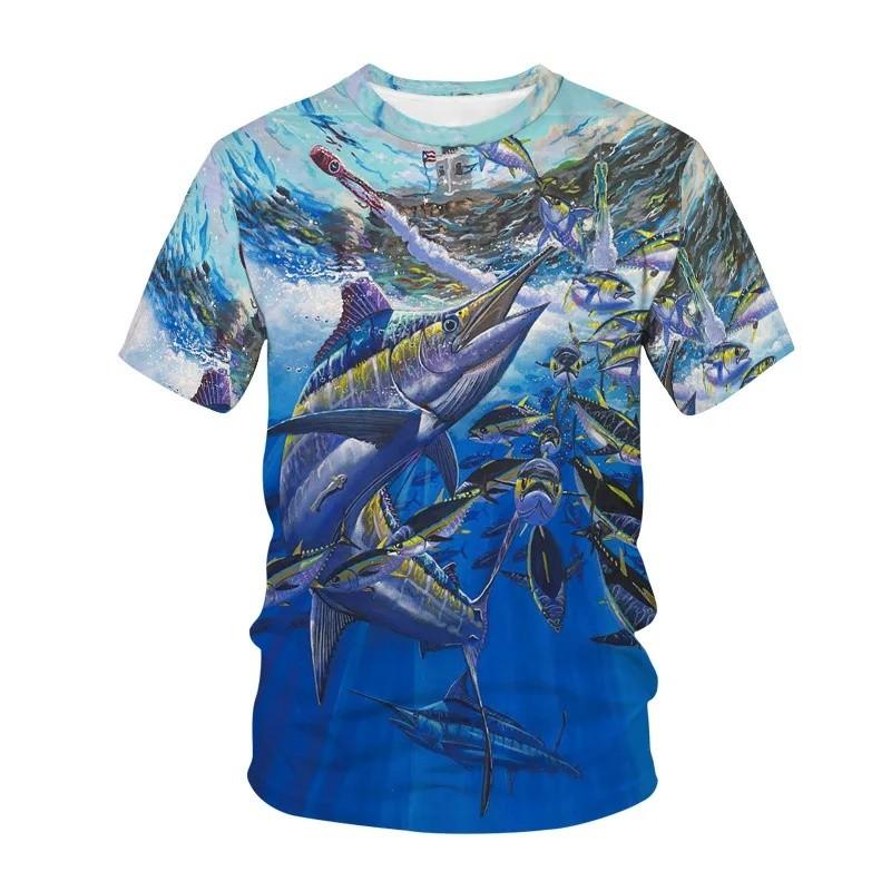Sea View Sunset Sailfish Lighthouse 3D Print Kids Round Neck Short Sleeve Tee Loose Outdoor Fishing Daily Top