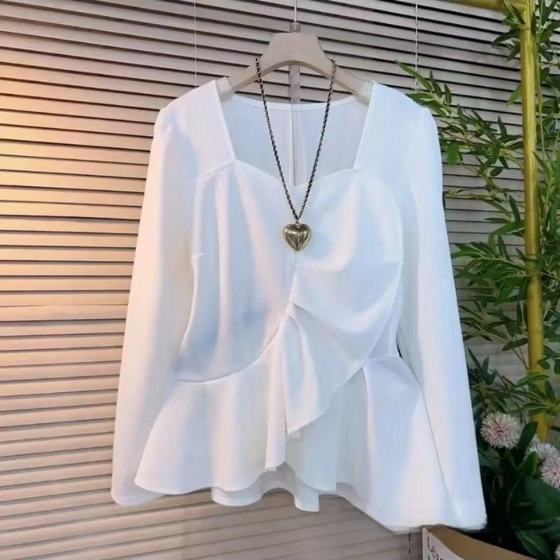 Simplicity Long Sleeved Top With Solid Color And Pleated Design For Spring Private Style