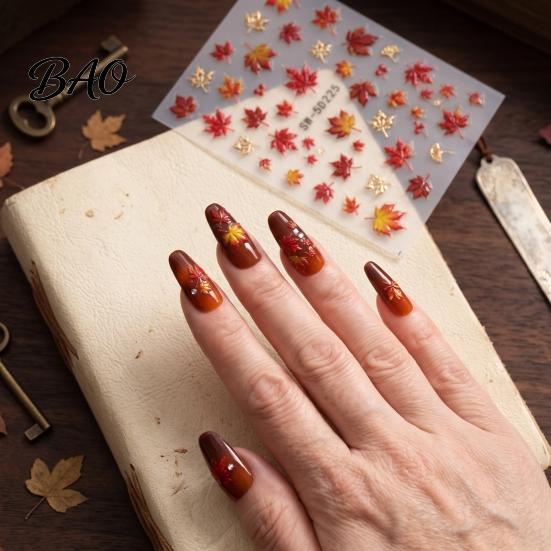 Maple Leaf Nail Stickers Autumn Stickers, Self-Adhesive Fall Leaves Decals, Decals Women Embossed Manicure for Home and Salon Use Professional