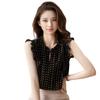 Chiffon Frill Blouse with Button Slit Frill and Sleeveless Cool J-Scott JS72-BK-L Front, Neck, Sleeves, Design. Black.