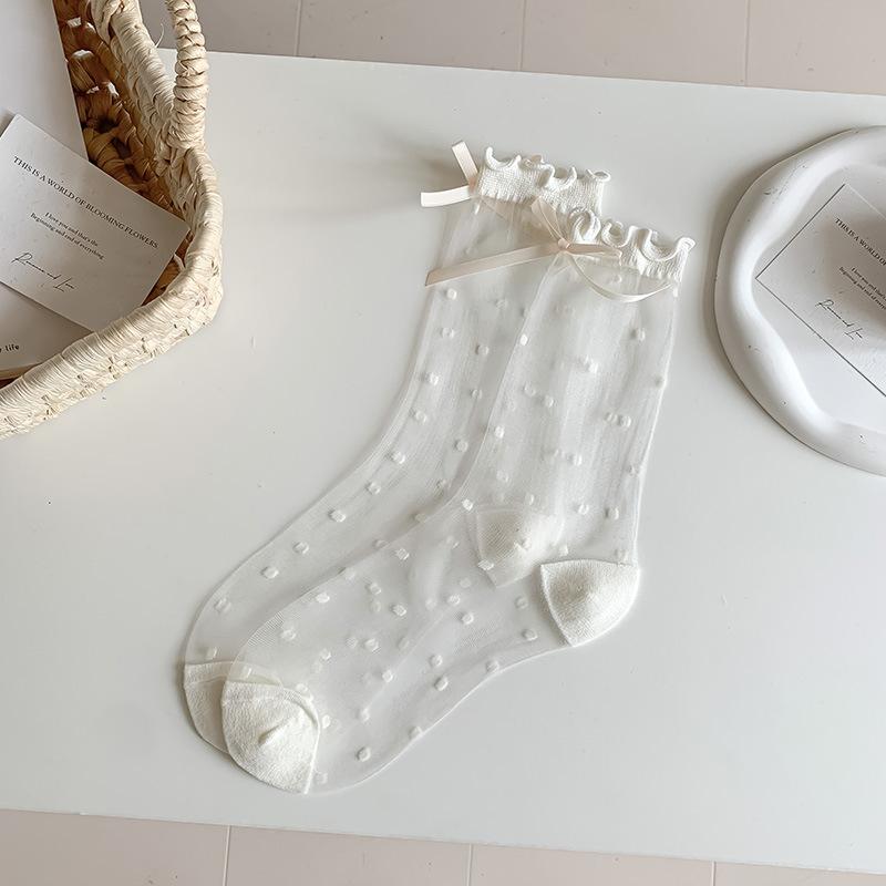 Носки из кружева в горошек с бантом, тонкие прозрачные носки до середины голени из стекловолокна для весны и лета, милые, дышащие и впитывающие пот женские носки