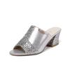 Sandals Women's New Summer Models, Fish Mouth Middle Heel Mesh Thick Heel Sequins Casual Large Size Sandals