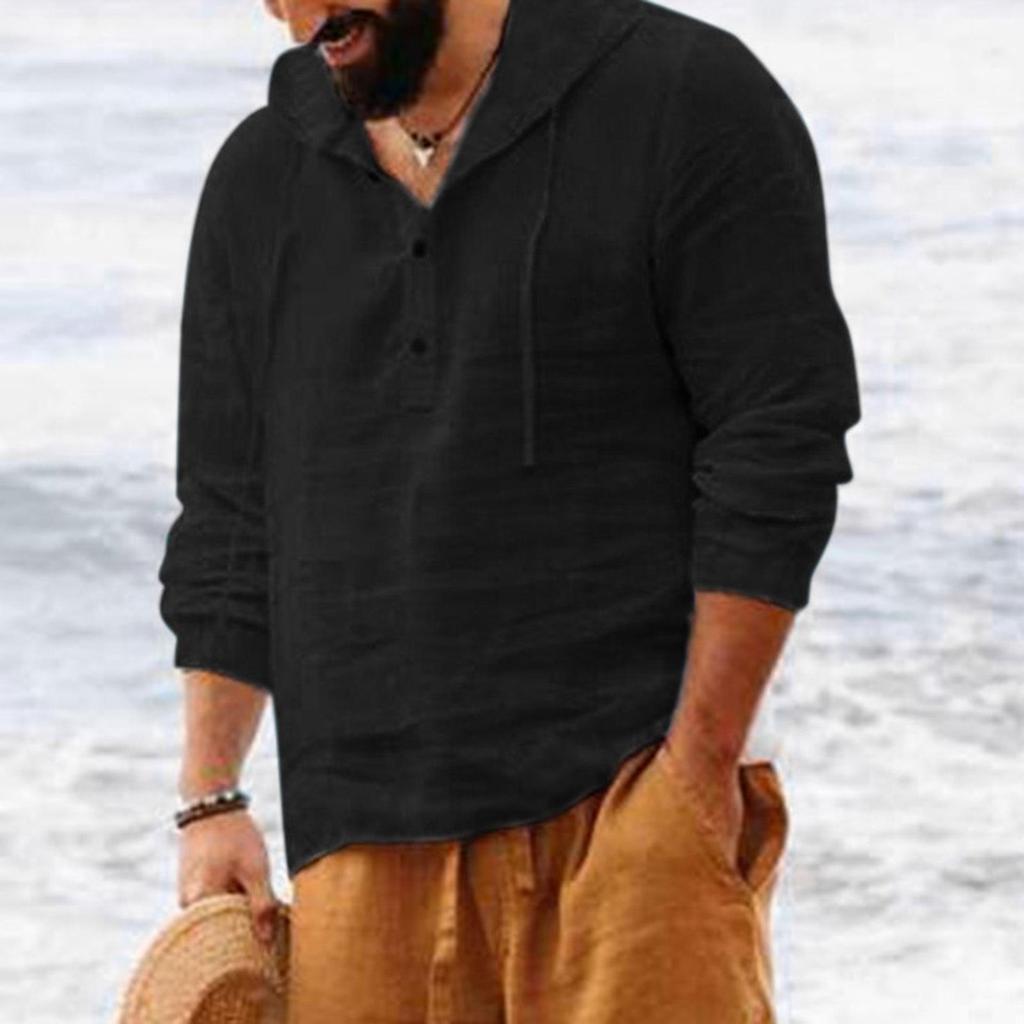 Мужские рубашки с капюшоном, однотонные топы с длинными рукавами, повседневные пуговицы, хлопок и лен, винтажные летние пляжные рубашки