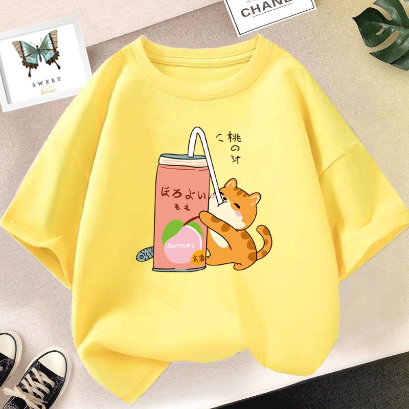 100% хлопок милый кот пьет молочный чай кавайная одежда топы Harajuku смешной мультфильм короткий рукав футболка