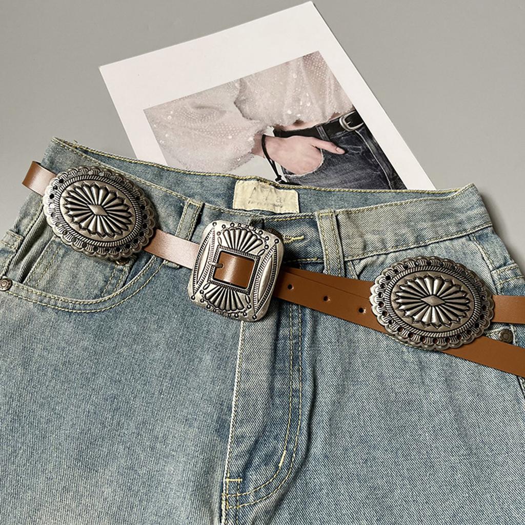Creative Adult Waist Belt with Adjustable Carved Floral Buckle Waistband PU Waist Belts for Women Universal Jeans Belt