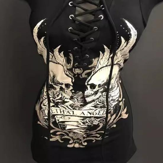 Женская летняя футболка с v-образным вырезом на шнуровке, регулируемые ремни, футболка без рукавов, футболка с буквенным принтом черепа, облегающие пуловеры в стиле панк