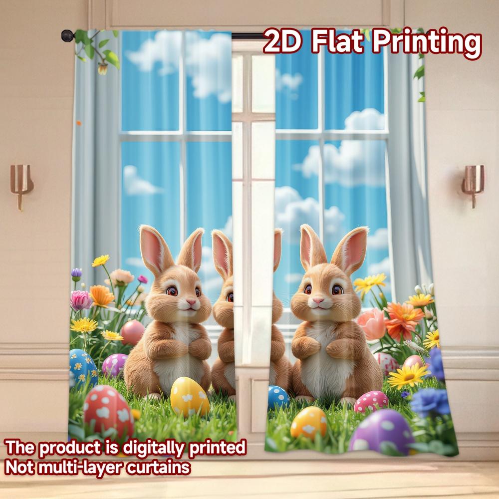 2D flat printing 2pcs Curtain Easter Bunnies and Eggs(1 Digital Printed Polyester Drapes Festive Wall Decor Use for Festive