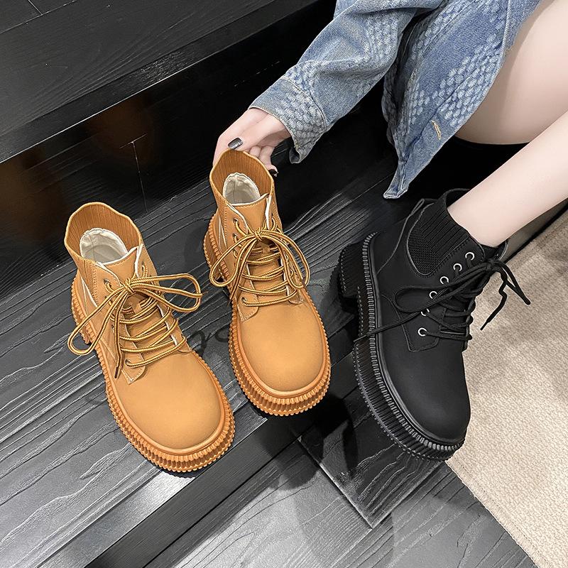 Thick Sole Boots Women's 2024 Autumn/Winter New Vintage High Top Lace Up Casual Shoes Fashion Knitted Short Boots Women Shoes