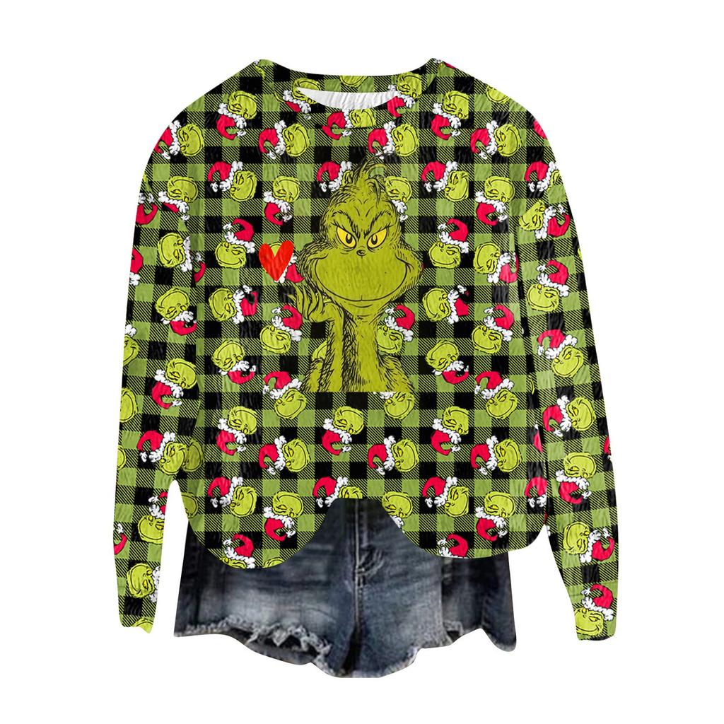 Women's Fashion Round Neck Pullover Top Long Sleeve Tee Christmas Printed Sweatshirt