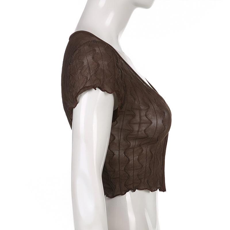 Women Retro Perspective V-neck Hollowed Cardigan T-shirt Tops Fashion Agaric Edge Short Bare Navel Top