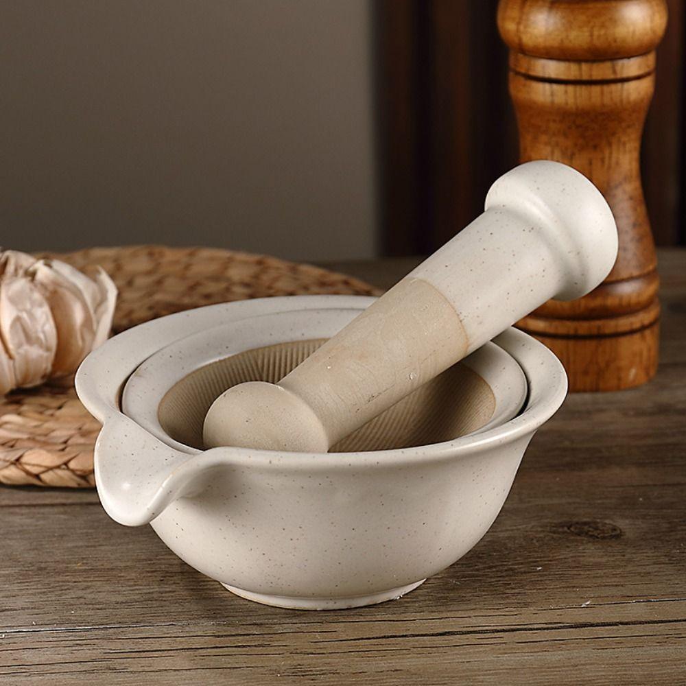Ceramic Grinding Bowl Rod Set Durable Garlic Mortar Pestle Rice Paste Bowl Pedestal Bowl