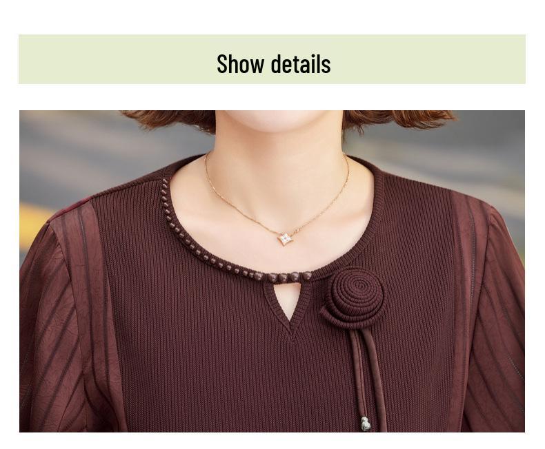 2026 Spring/Autumn Long-Sleeve Knit Top for Middle-Aged Women, Round Neck, Stylish, Age-Reducing, Elegant Base Layer