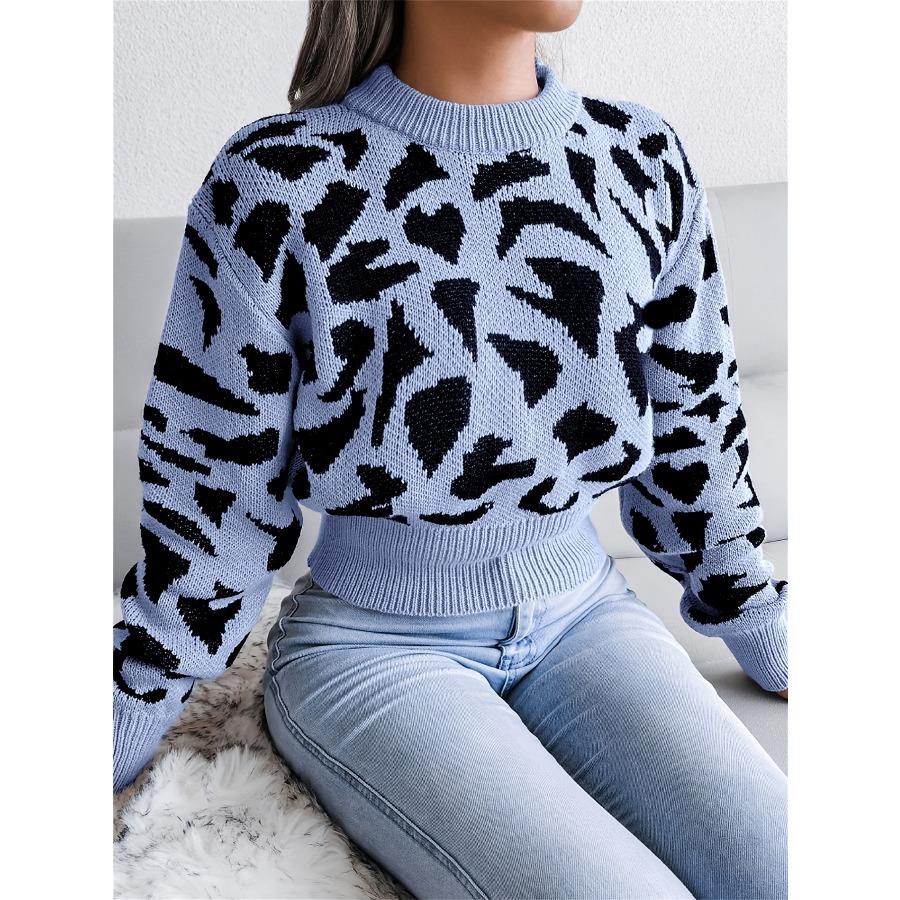 Укороченный свитер с леопардовым принтом, повседневный свитер с круглым вырезом и длинными рукавами, повседневные топы на осень и зиму, женская одежда