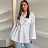 Белая хлопковая рубашка со шнуровкой и поясом, простая модная женская блузка с воротником-поло, однобортный топ с длинными рукавами, стиль Harajuku, весна-лето