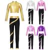 Girls Figure Skating Outfit Mock Neck Long Sleeve Sequin Shiny Crop Top Metallic Striped Pants Dance Costume