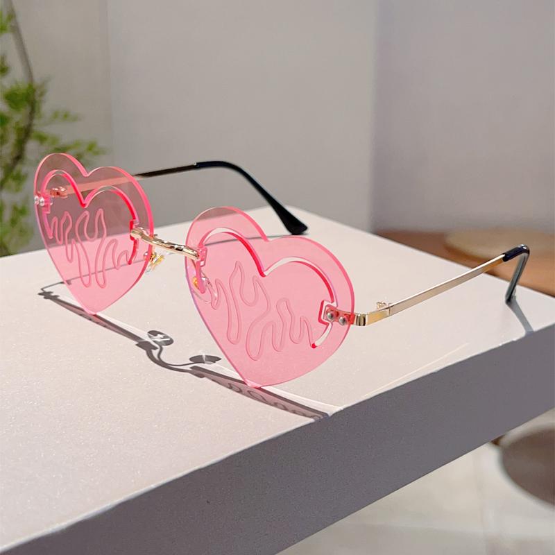 Rimless Heart Shaped Sunglasses Fashion Cute Hollowed Decor Rave Shades Women Trendy Brand Design Vacation Sun Glasses