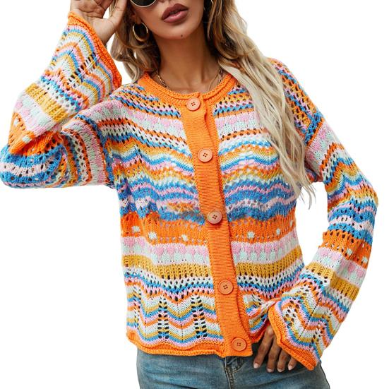 Women Knitting Cardigan Round Neck Flared Long Sleeve Single Breasted Sweater Coat Autumn Winter Rainbow