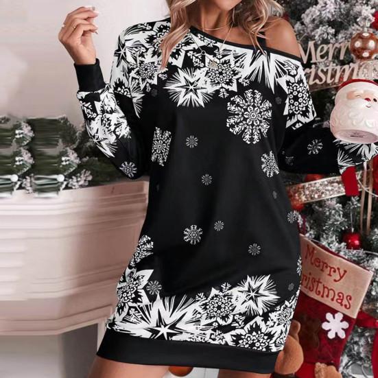 Женское осенне-зимнее платье с вырезом на одно плечо, свободное мини-платье с принтом снежинки, подходящее по цвету рождественскому стилю, с длинным рукавом длиной выше колена