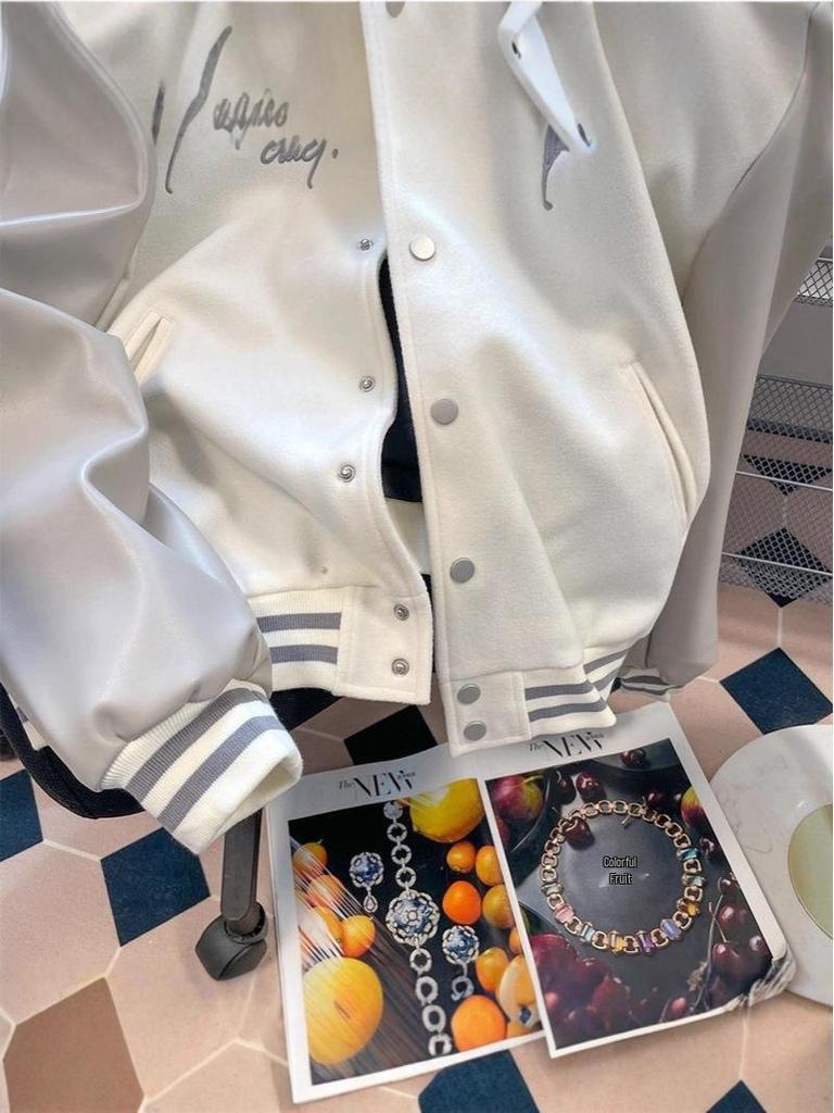 Мужская осенне-зимняя свободная бейсбольная куртка с американской вышивкой и кожаными рукавами