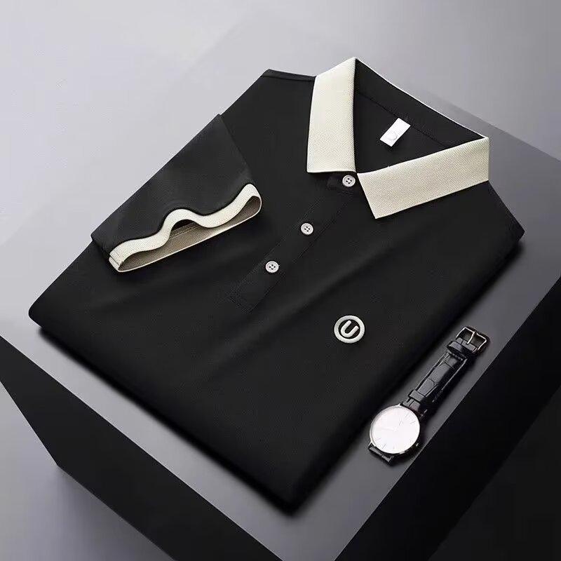 Мужская рубашка поло в британском стиле, легкая роскошь, с лацканом контрастного цвета, короткими рукавами и вышивкой букв - Повседневный летний тренд.