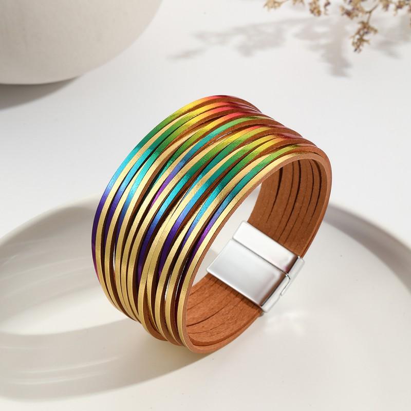 Multi-Strand Gradient Leather Bracelet Women With Magnetic Clasp PU Wristband In Fashionable Colors