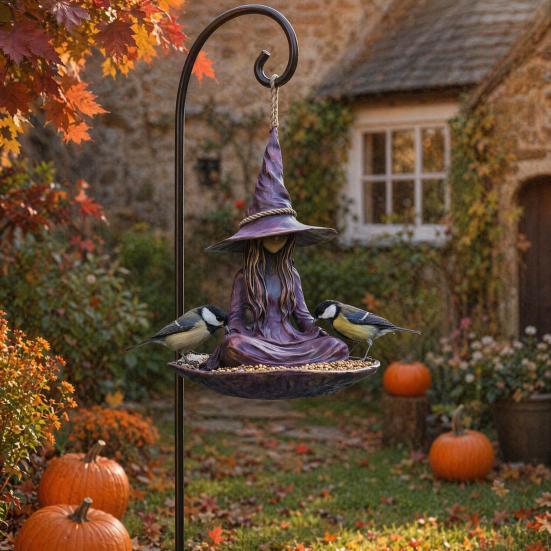 Meditating Witch Garden Bird Feeder Purple Hat Witch Wild Bird Seeds Tray