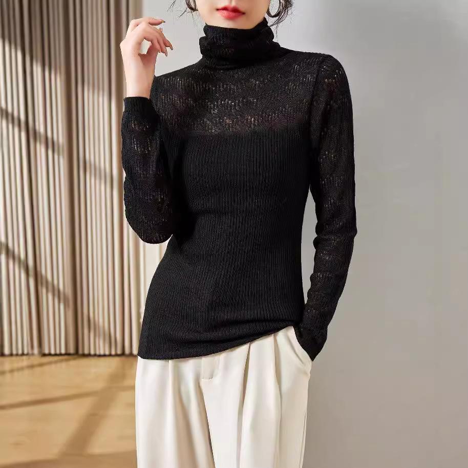 Autumn/Winter Slim Fit Knit Sweater with Hollow Design & Turtleneck