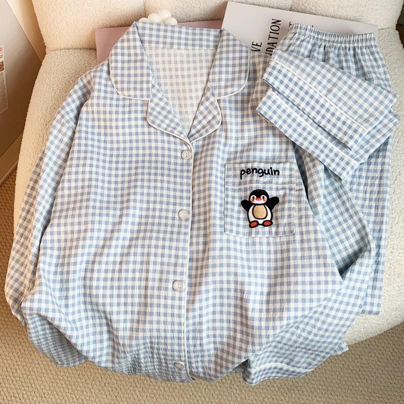 Cute Plaid Penguin Long Sleeve Pajama Set Women Soft Cloud Cotton Loungewear