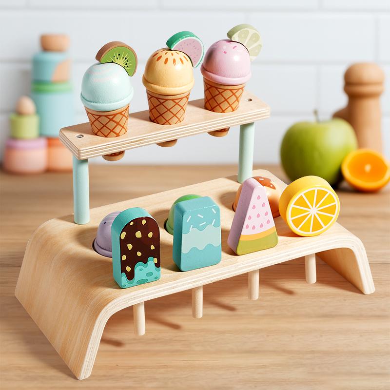 Wooden I Cream Counter Playset for Toddler Toys, Montessori Pretend Play Food Toys Kitchen Acssories