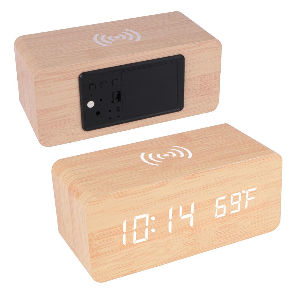 Desk Table Clocks Wooden Digital Alarm Clock Wooden Desk Digital Clock LED Display Temperature Phone Chargers Wireless Charger