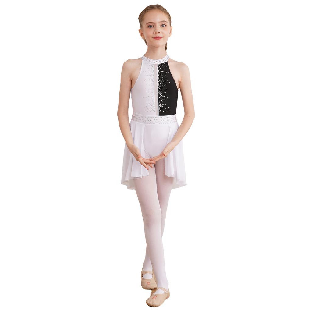 Girls Lyrical Dress Shiny Rhinestone Decor Sleeveless Irregular Hem Dance Leotard Dress Kids Dancewear